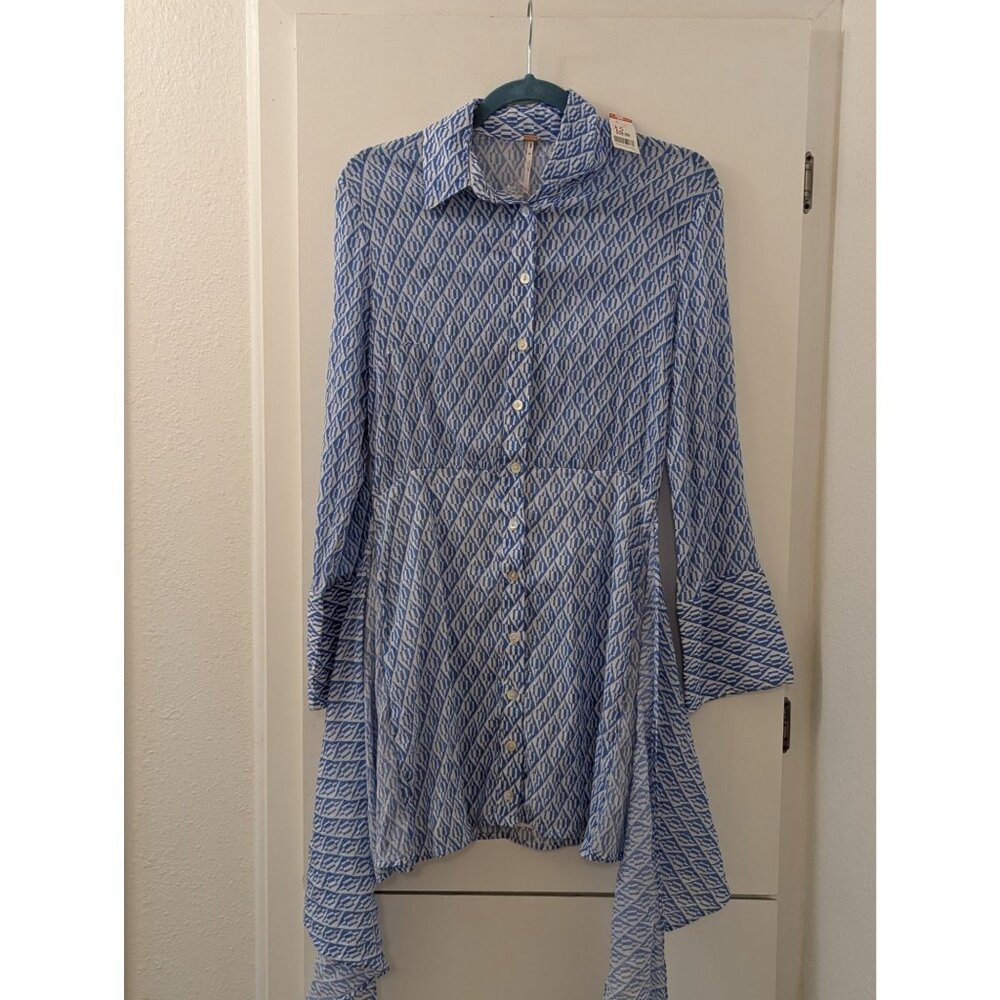 Free People Blue Diamond Print Button-Down Tunic Shirt Dress XS With Tie Waist &